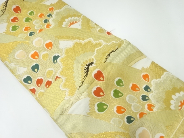 JAPANESE KIMONO / ANTIQUE MARU OBI / WOVEN PEACOCK FEATHER